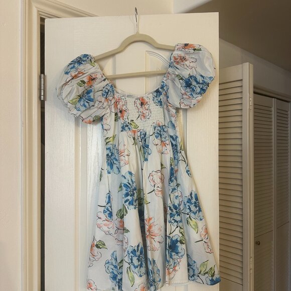 Abercrombie Emerson Poplin Puff Sleeve Mini Dress | White, Blue & Pink | X-Small - Picture 2 of 5